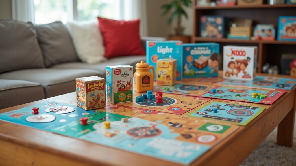 Assortment of colorful, affordable board games displayed on a table